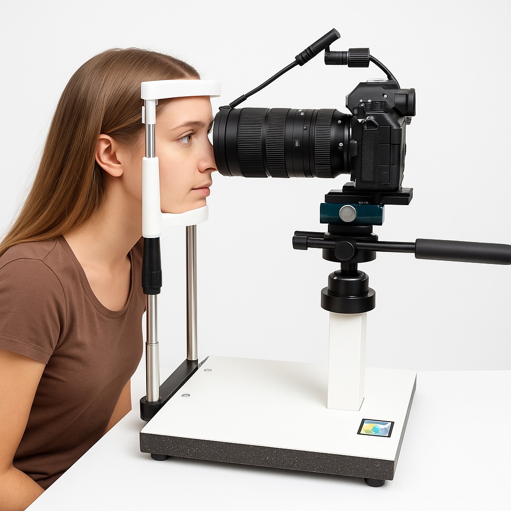 Professional iris photography setup with camera, lighting, and head holder equipment